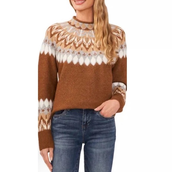 CeCe Long Sleeve Funnel Neck Fair Isle Print Sweater in Toasted Beige - Size L - Picture 1 of 7